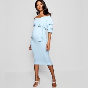 Boohoo Maternity Off-Shoulder Midi Dress in Blue - Size 12 US